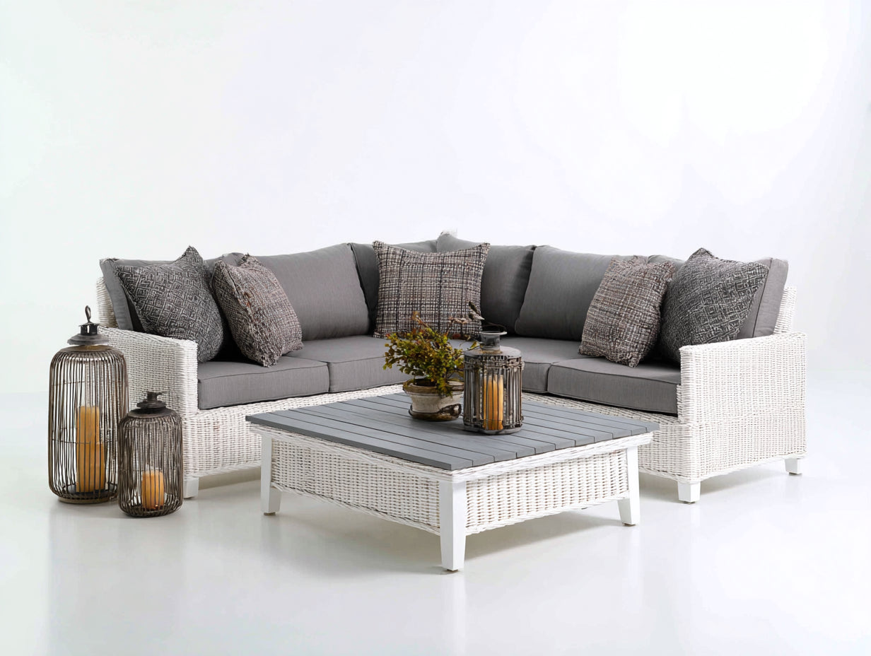 Divani da esterno - Rattan sintetico-Metallo-Tessuto - 258x258x86 cm - Bianco-Grigio scuro - Stile moderno costiero