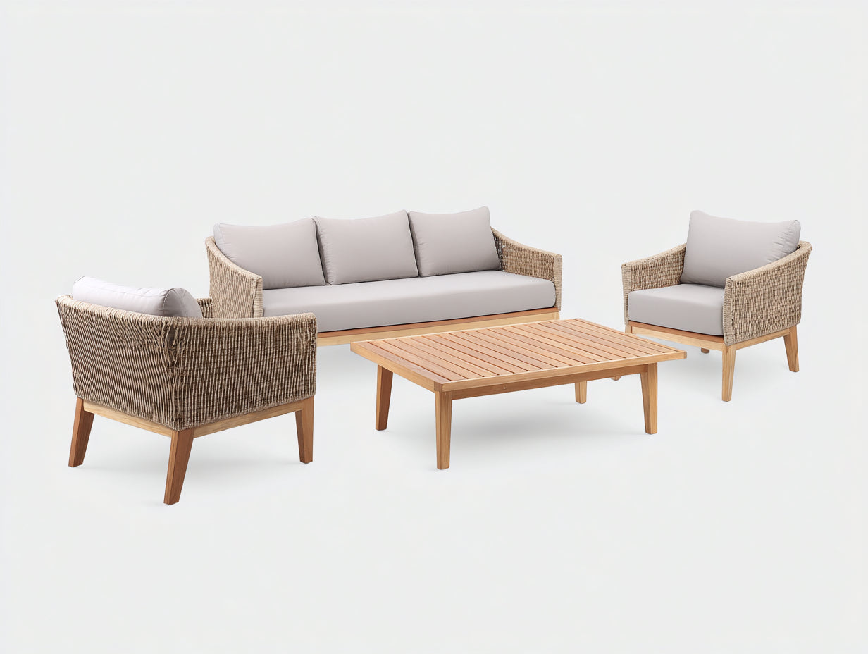 Divani da esterno - Rattan sintetico-Legno-Tessuto - 218x84x83 cm - Beige naturale-Grigio perla - Stile contemporaneo