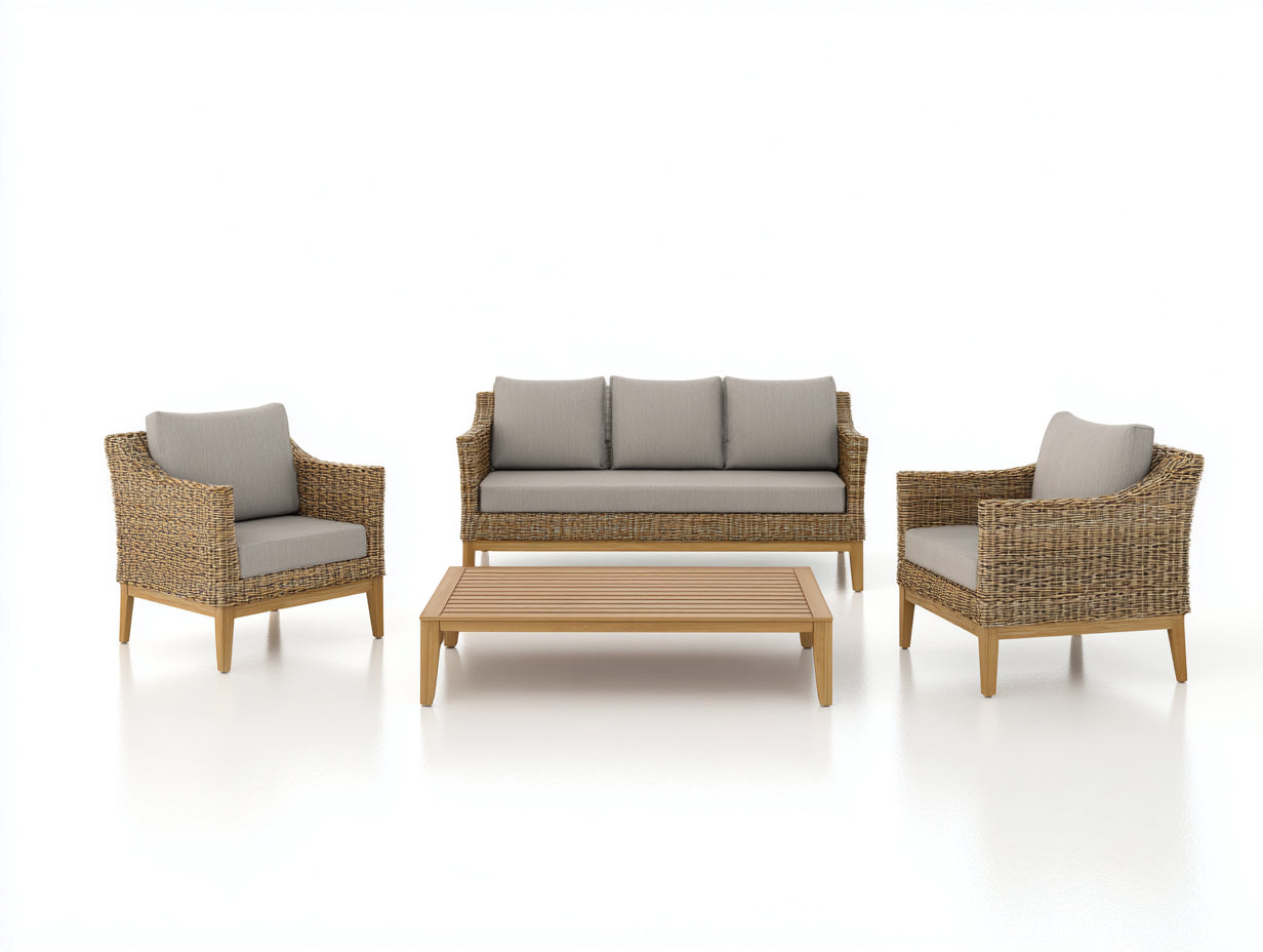 Divani da esterno - Rattan sintetico-Legno-Tessuto - 212x82x84 cm - Marrone naturale-Beige tortora - Stile contemporaneo