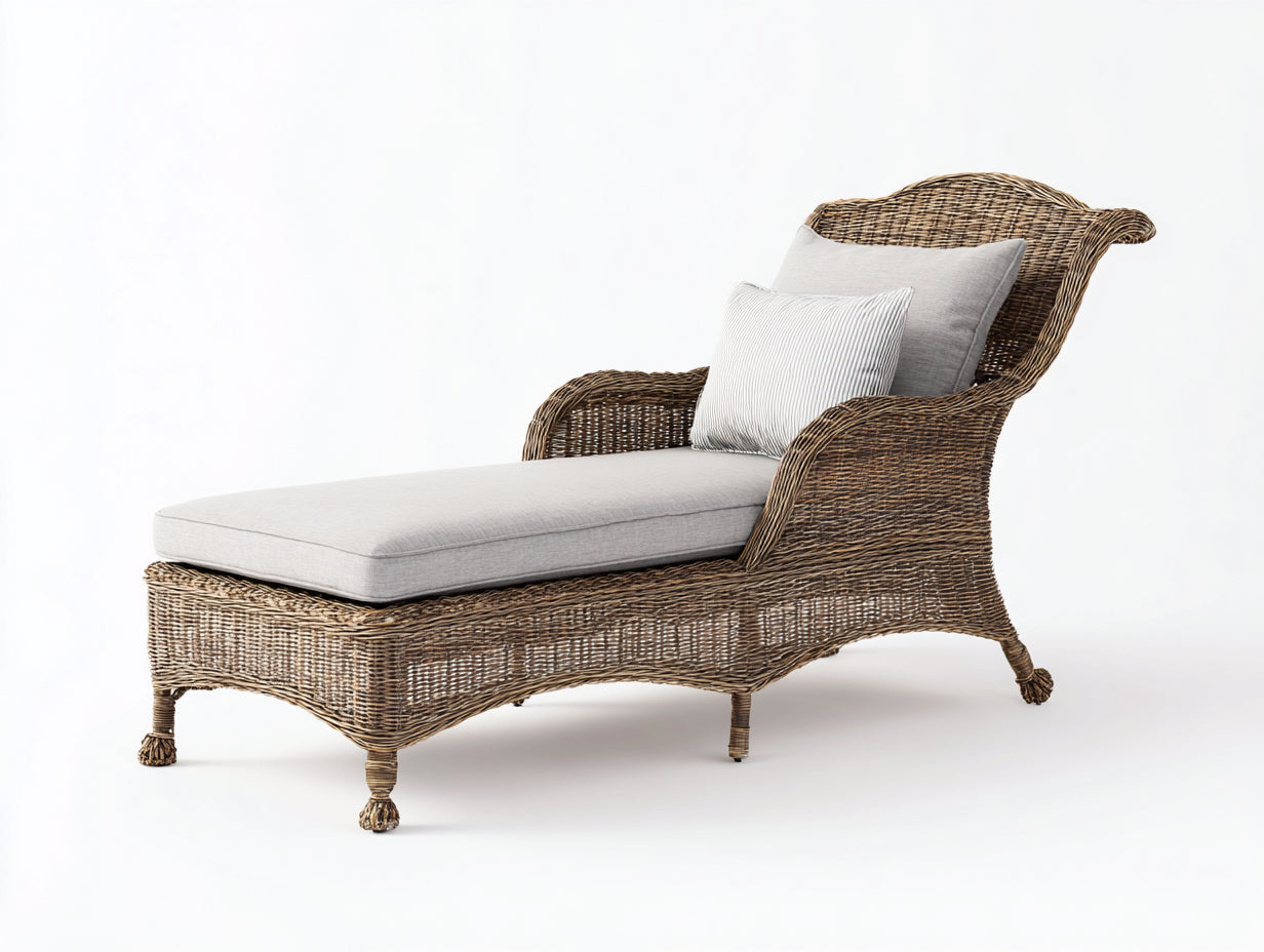 Lettino prendisole - Rattan sintetico-Tessuto - 182x80x92 cm - Marrone naturale-Beige chiaro - Stile vintage