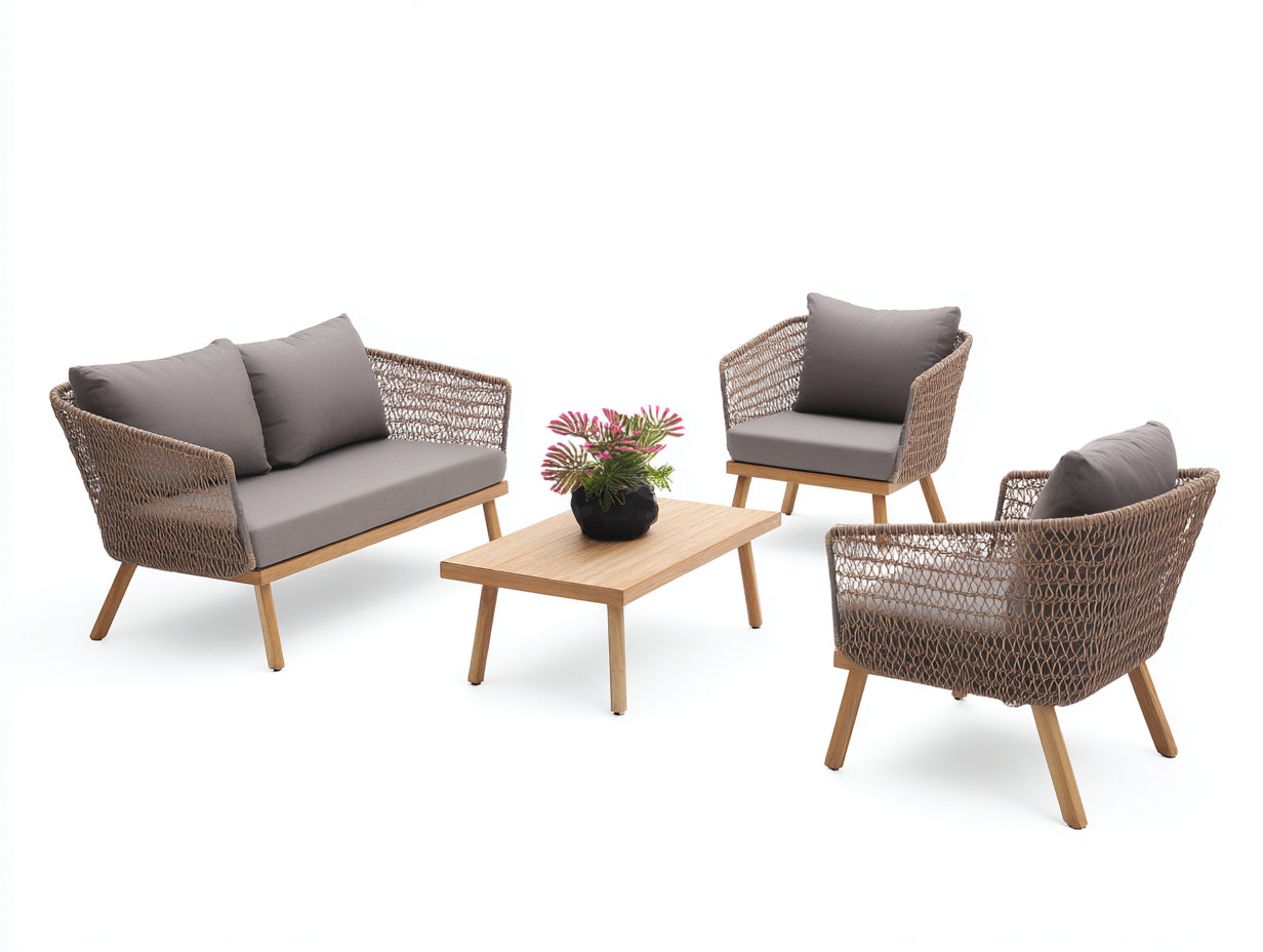 Divani da esterno - Rattan sintetico-Legno-Tessuto - 138x76x82 cm - Marrone naturale-Grigio tortora - Stile contemporaneo