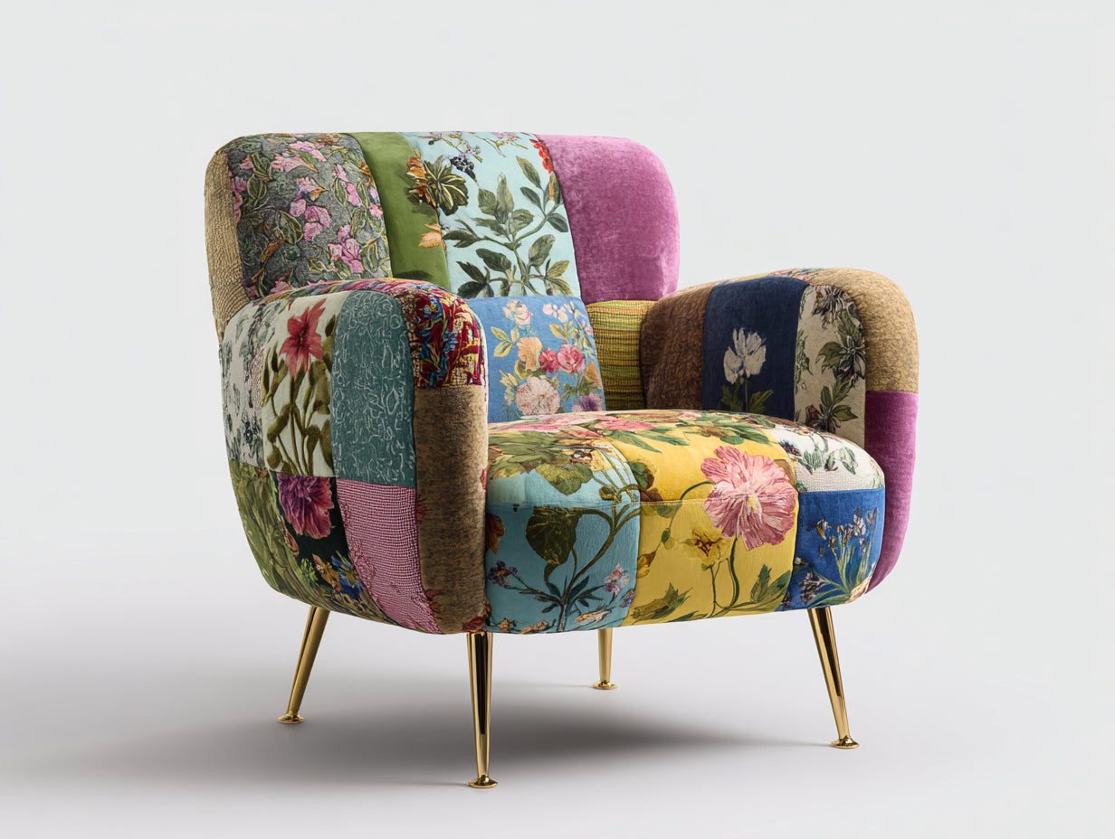Poltrona - tessuto-metallo - 89x81x84 cm - multicolore-oro - design patchwork floreale