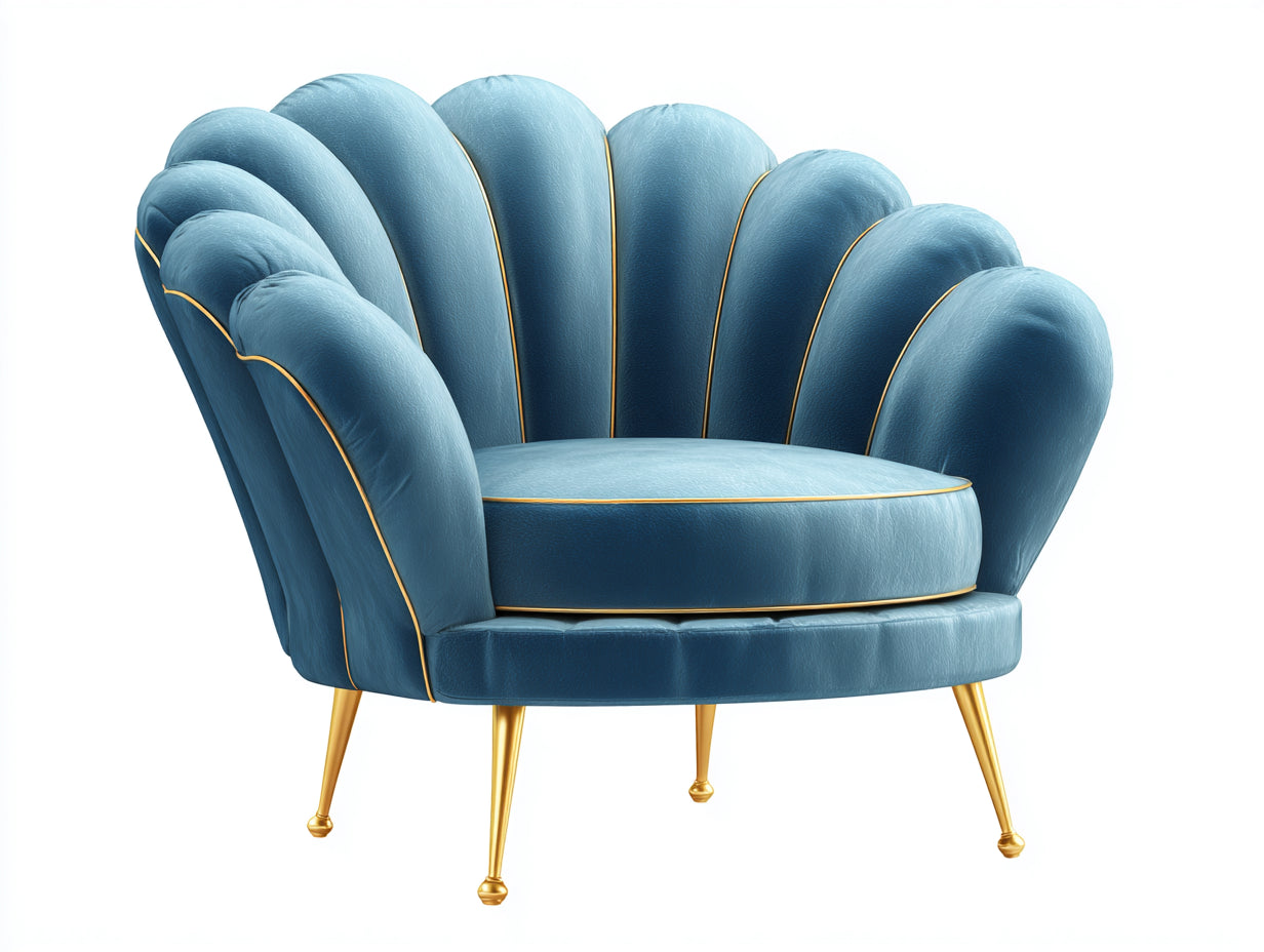 Poltrona - velluto-metallo - 88x82x78 cm - blu-oro - design a conchiglia moderno