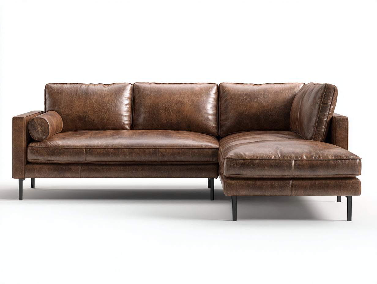 Divano angolare - pelle-metallo - 262x164x82 cm - marrone - industriale