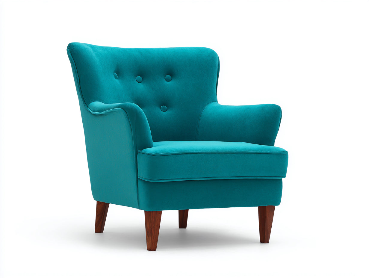 Poltrona - tessuto-legno - 84x78x89 cm - blu-marrone - design moderno con bottoni