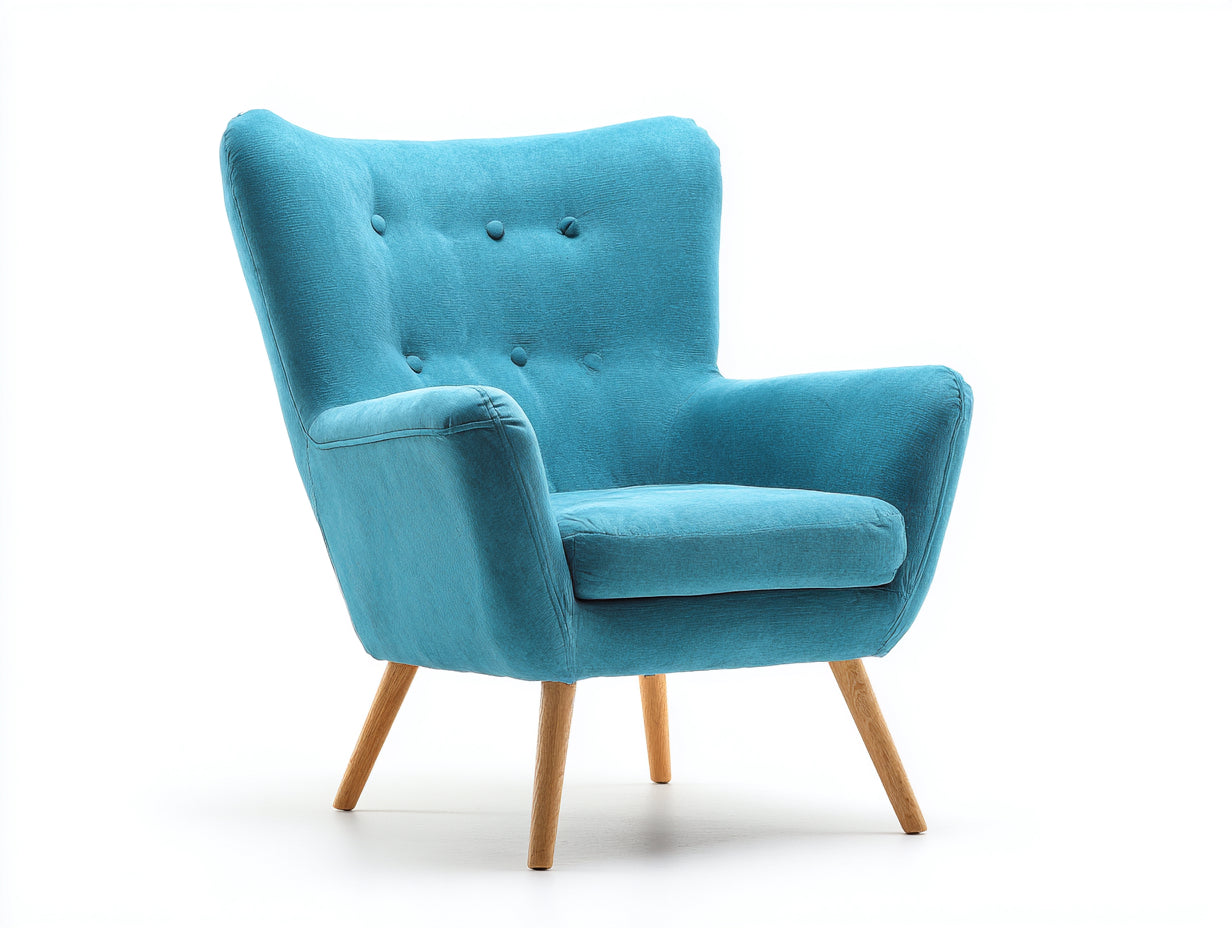 Poltrona - tessuto-legno - 85x79x92 cm - blu-marrone - design moderno con bottoni