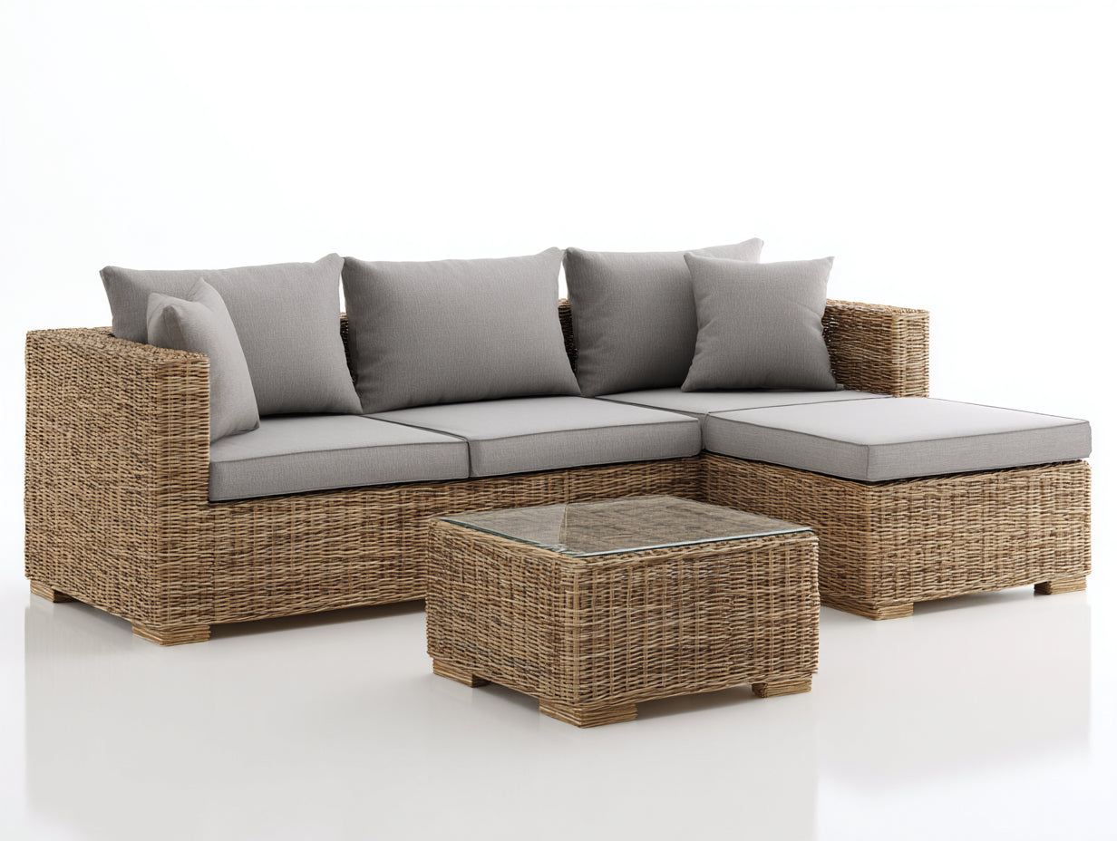 Divani da esterno - Rattan sintetico-Vetro-Tessuto - 238x168x82 cm - Marrone naturale-Grigio chiaro - Stile moderno